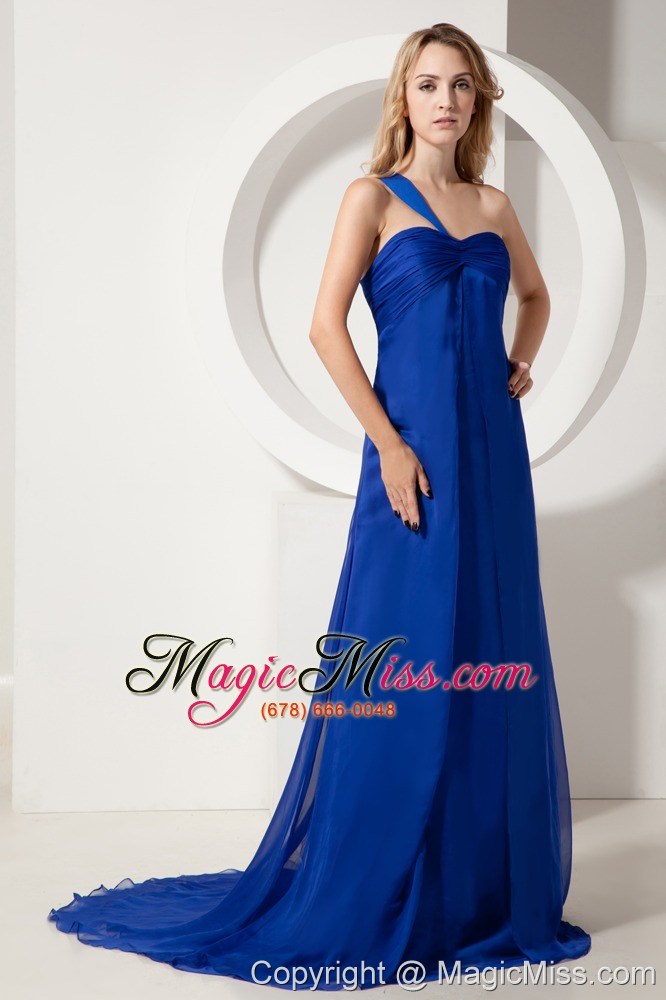wholesale royal blue a-line one shoulder brush train satin and chiffon ruch prom / evening dress