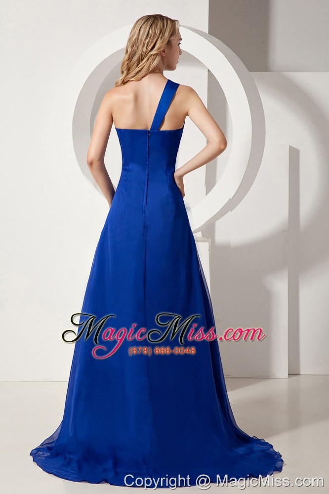 wholesale royal blue a-line one shoulder brush train satin and chiffon ruch prom / evening dress