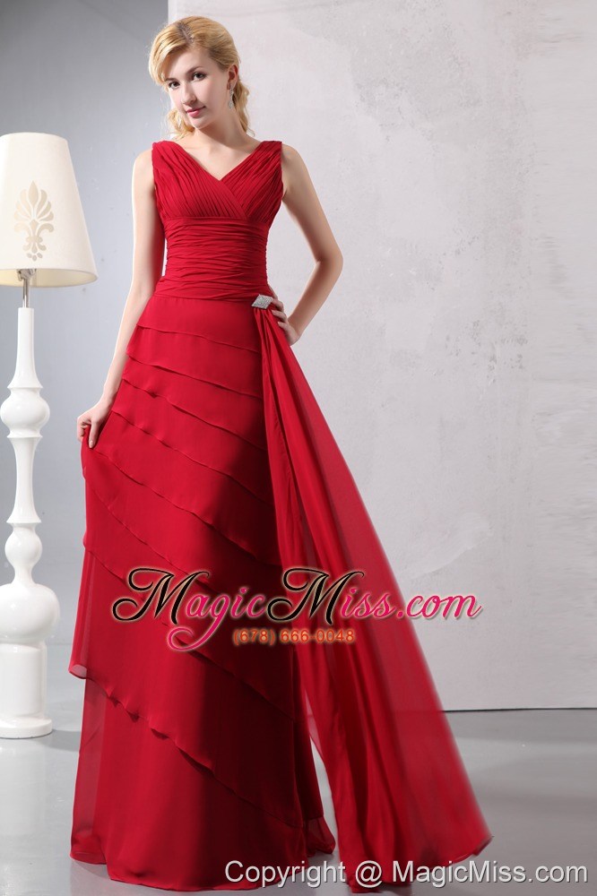 wholesale perfect red column v-neck ruch mother of the bride dress floor-length chiffon