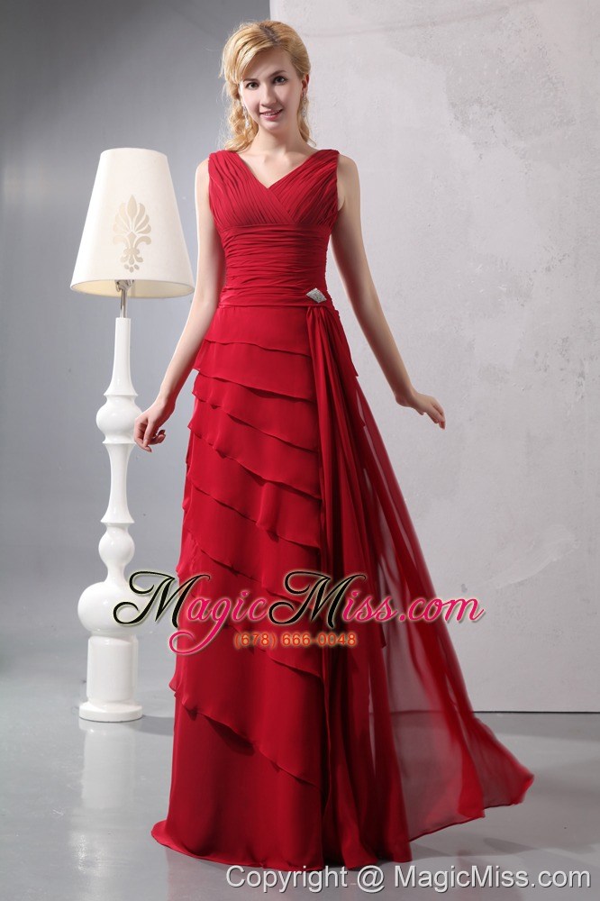 wholesale perfect red column v-neck ruch mother of the bride dress floor-length chiffon