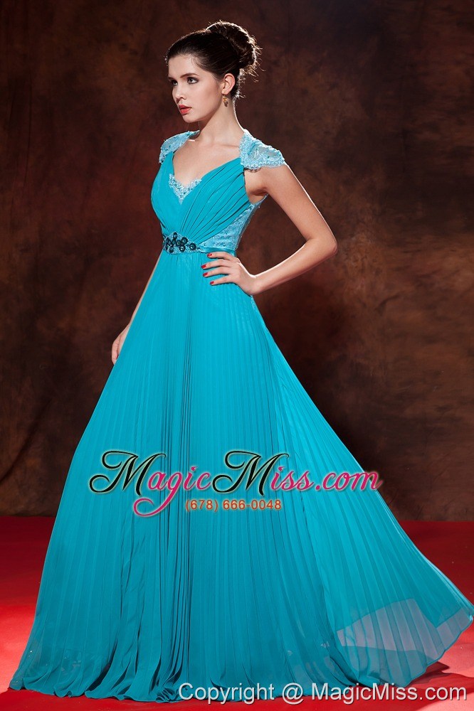wholesale elegant teal prom dress empire v-neck beading and pleat floor-length chiffon