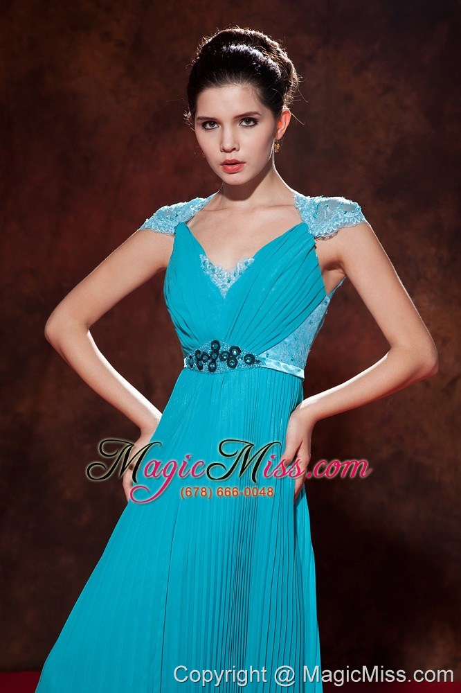 wholesale elegant teal prom dress empire v-neck beading and pleat floor-length chiffon
