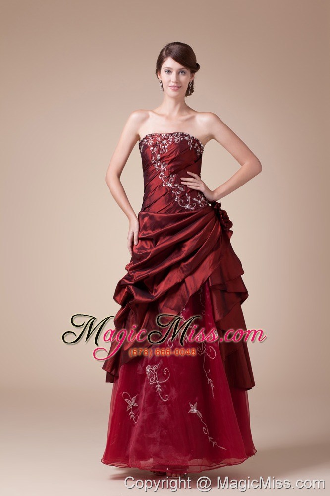 wholesale wine red strapless embroidery long a-line prom dress