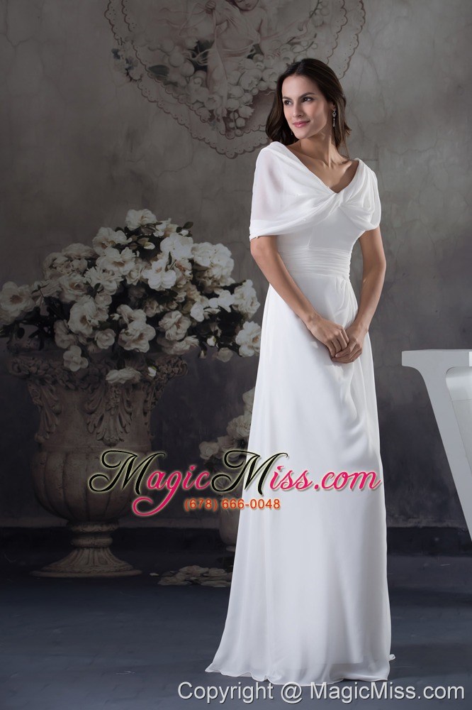 wholesale cheap white ruching empire long prom dress with v-neck