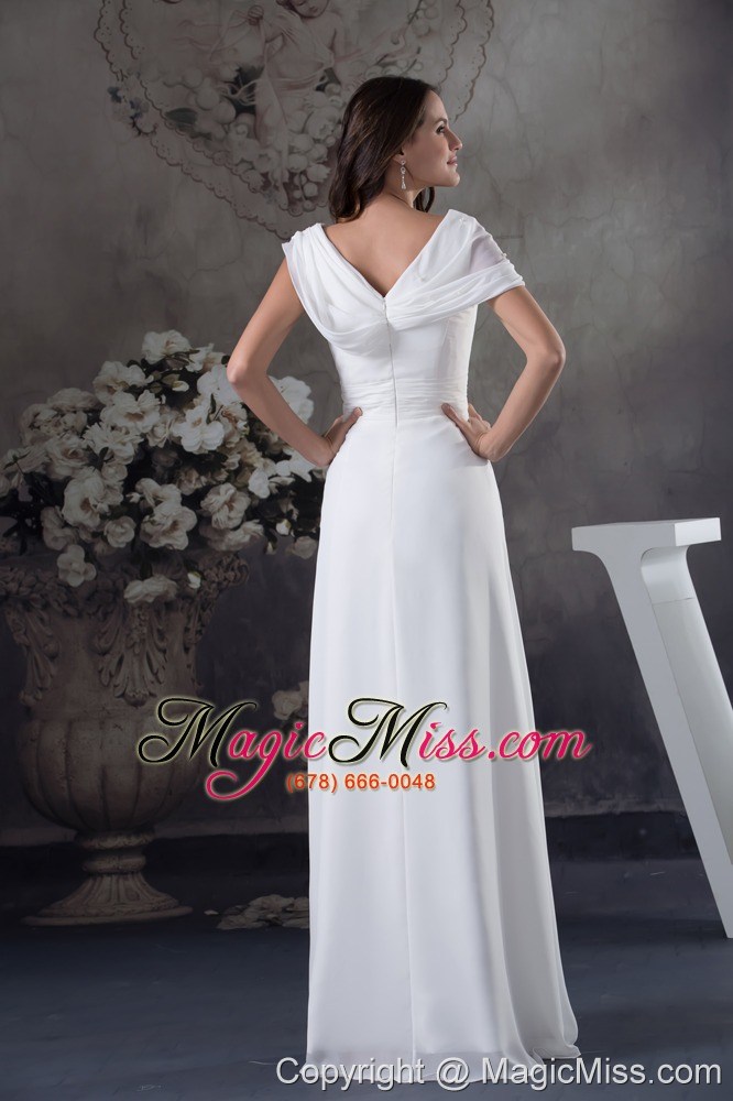wholesale cheap white ruching empire long prom dress with v-neck