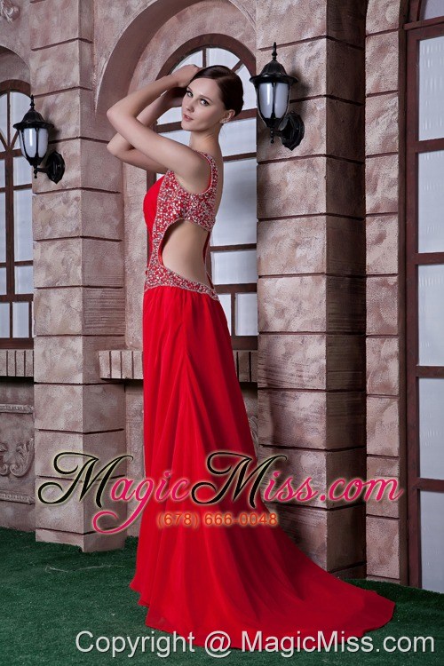 wholesale beautiful red empire one shoulder prom dress chiffon beading brush train