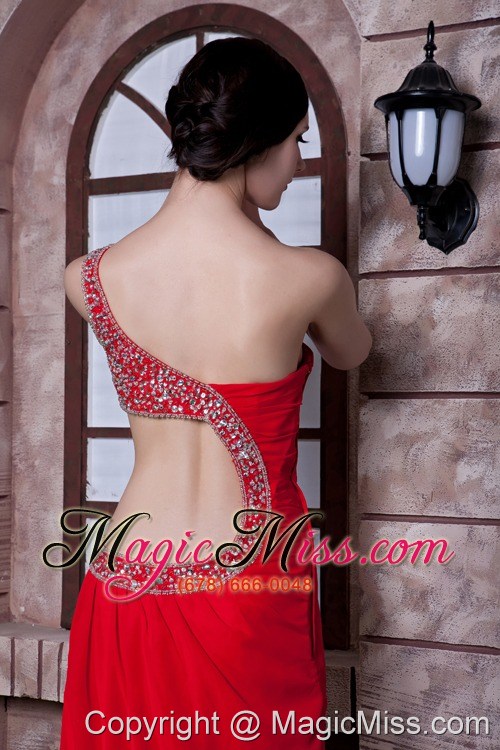 wholesale beautiful red empire one shoulder prom dress chiffon beading brush train