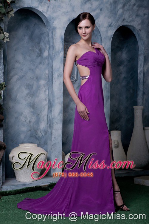 wholesale eggplant purple column prom / homecoming dress one shoulder chiffon brush train