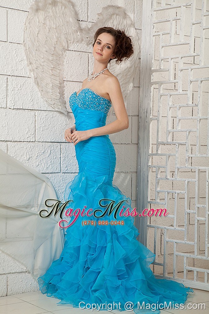 wholesale sky blue 2013 prom dress for custom made sweetheart organza beading brush train