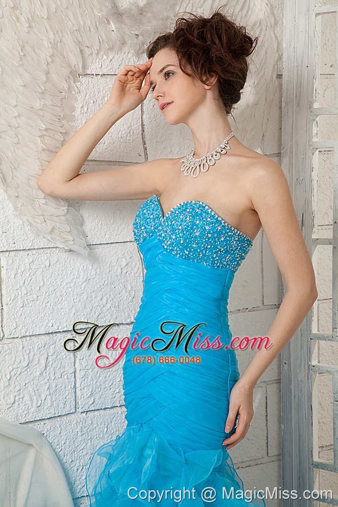 wholesale sky blue 2013 prom dress for custom made sweetheart organza beading brush train
