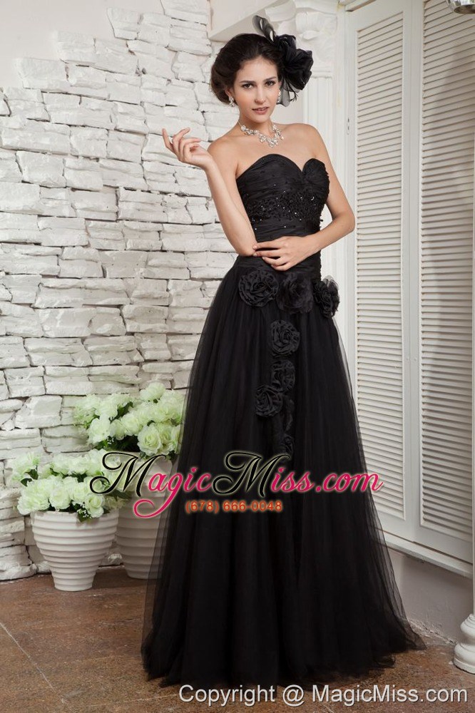 wholesale modest black empire little black dress beading and hand made flowers sweetheart tulle floor-length