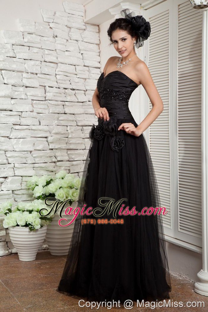 wholesale modest black empire little black dress beading and hand made flowers sweetheart tulle floor-length