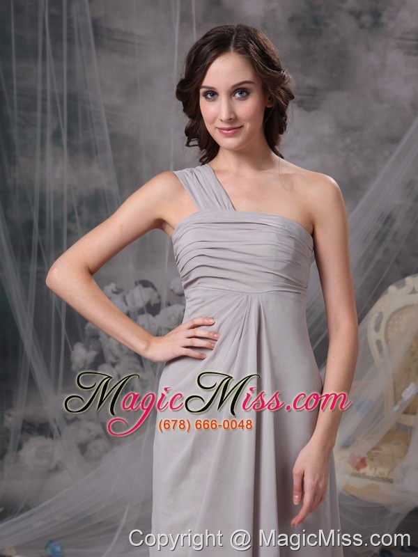 wholesale customize grey column one shoulder prom dress chiffon ruch floor-length