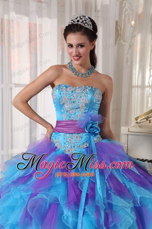 wholesale baby blue and purple ball gown strapless floor-length organza appliques quinceanera dress