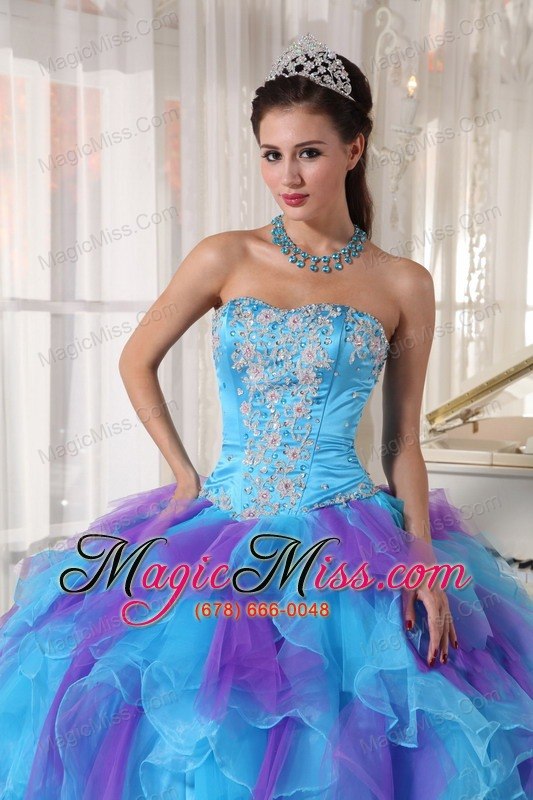wholesale baby blue and purple ball gown strapless floor-length organza appliques quinceanera dress