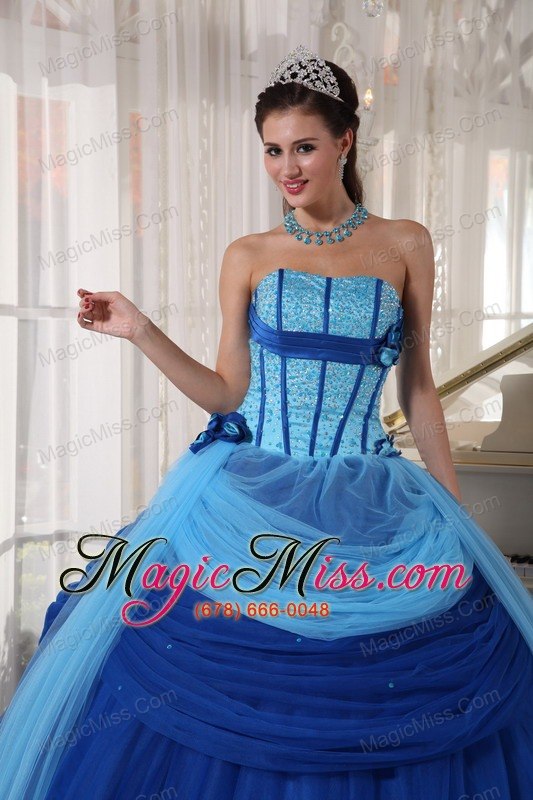 wholesale blue ball gown strapless floor-length tulle beading quinceanera dress