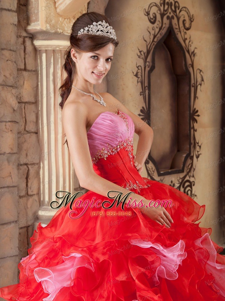 wholesale red ball gown strapless floor-length organza beading and ruffles quinceanera dress