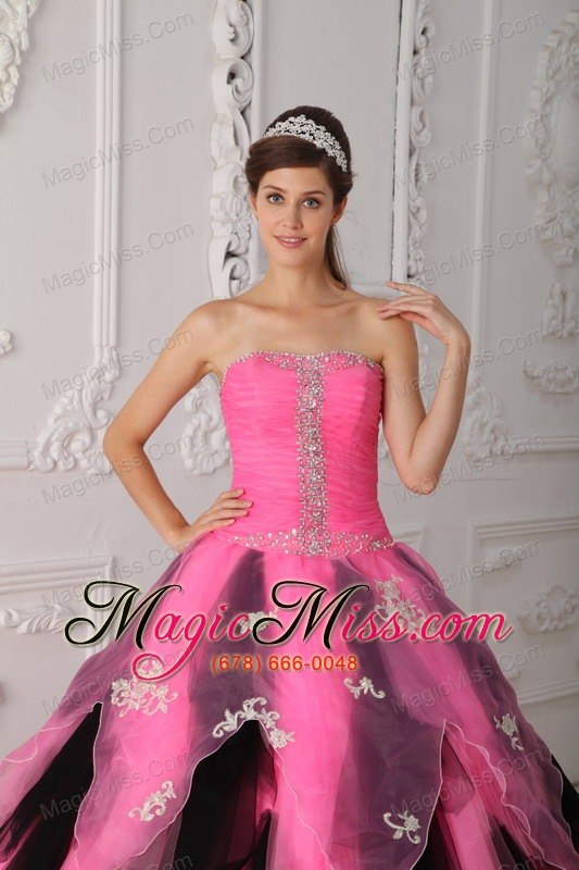 wholesale pink and black a-line / princess strapless floor-length organza appliques quinceanera dress