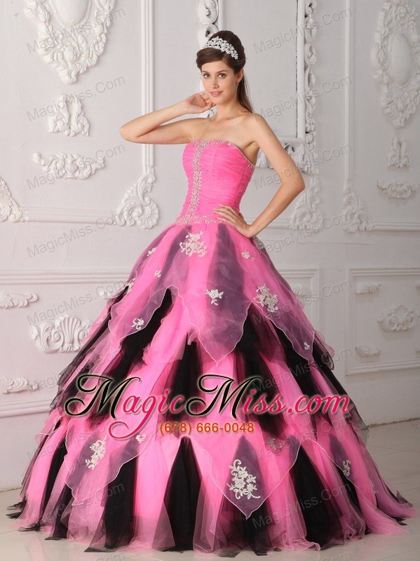 wholesale pink and black a-line / princess strapless floor-length organza appliques quinceanera dress