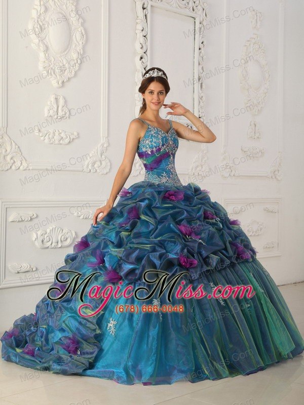 wholesale teal ball gown straps chapel train organza quinceanera dress