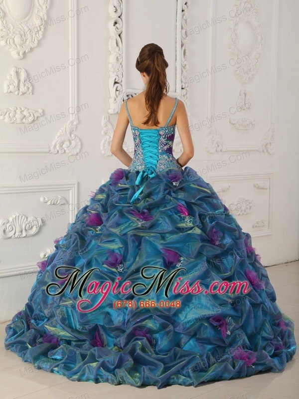 wholesale teal ball gown straps chapel train organza quinceanera dress