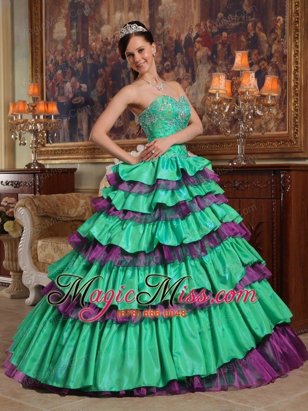 wholesale green ball gown sweetheart floor-length taffeta and organza beading quinceanera dress