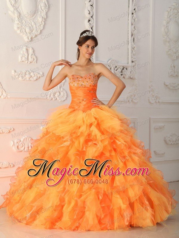 wholesale orange red ball gown sweetheart floor-length organza beading and ruch quinceanera dress