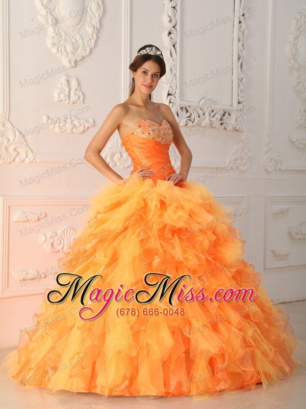 wholesale orange red ball gown sweetheart floor-length organza beading and ruch quinceanera dress