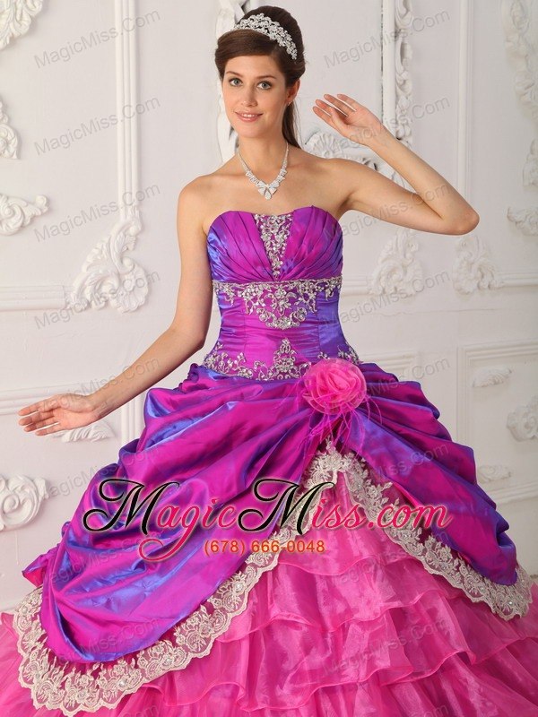 wholesale hot pink ball gown strapless floor-length organza and taffeta lace and appliques quinceanera dress
