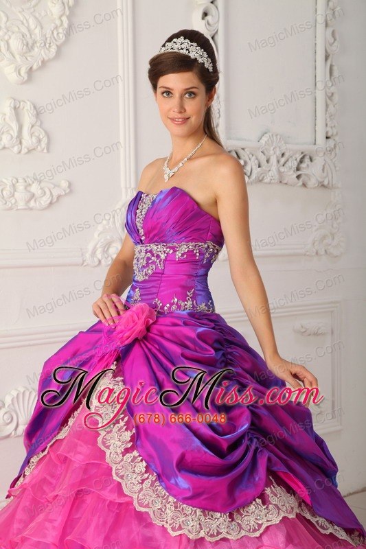 wholesale hot pink ball gown strapless floor-length organza and taffeta lace and appliques quinceanera dress