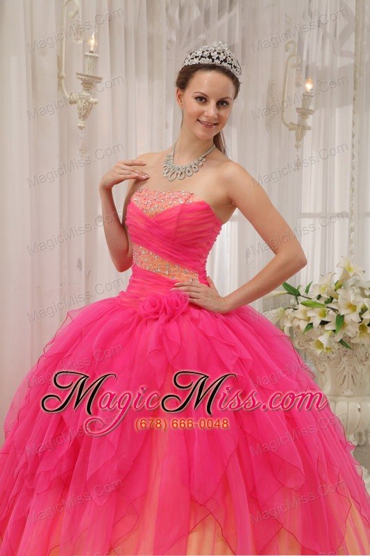 wholesale hot pink ball gown strapless floor-length organza beading quinceanera dress