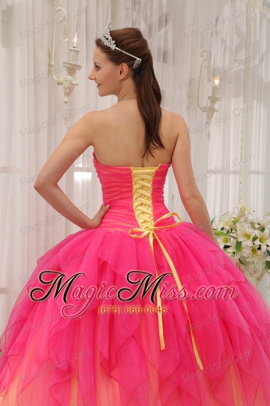 wholesale hot pink ball gown strapless floor-length organza beading quinceanera dress
