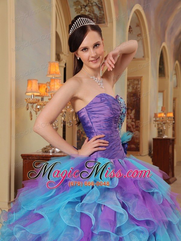 wholesale purple and aqua blue ball gown sweetheart ruffles organza quinceanera dress