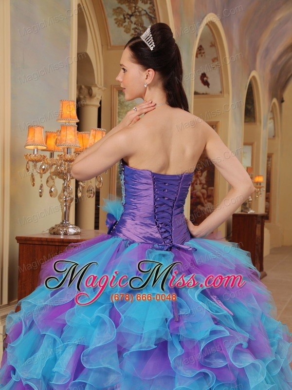 wholesale purple and aqua blue ball gown sweetheart ruffles organza quinceanera dress