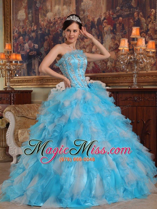 wholesale aqua blue ball gown strapless floor-length appliques organza quinceanera dress