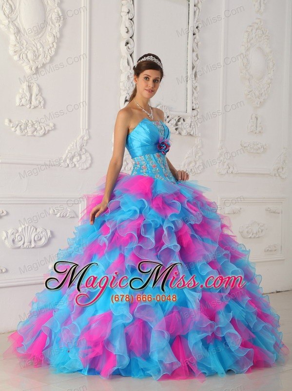 wholesale multi-color ball gown strapless floor-length organza appliques and hand flower quinceanera dress