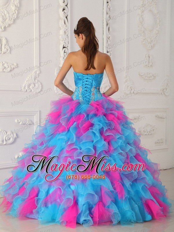 wholesale multi-color ball gown strapless floor-length organza appliques and hand flower quinceanera dress