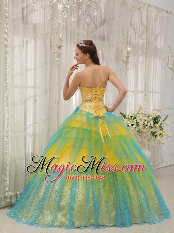 wholesale yellow and blue ball gown strapless floor-length tulle beading and ruch quinceanera dress