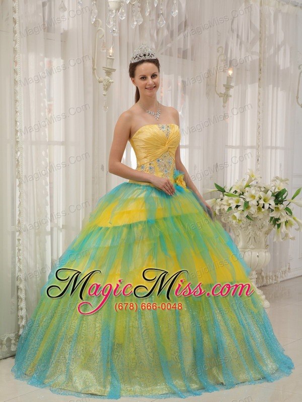 wholesale yellow and blue ball gown strapless floor-length tulle beading and ruch quinceanera dress