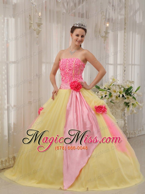 wholesale pink and yellow ball gown strapless floor-length taffeta and tulle hand made flowers quinceanera dress