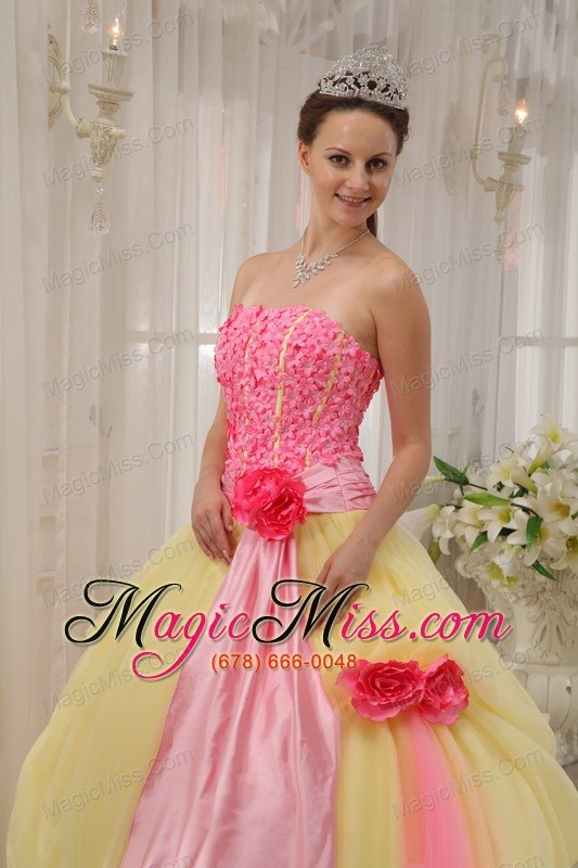 wholesale pink and yellow ball gown strapless floor-length taffeta and tulle hand made flowers quinceanera dress
