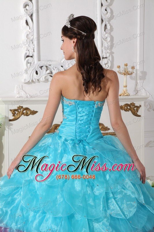 wholesale aqua blue and hot pink ball gown strapless floor-length organza appliques quinceanera dress