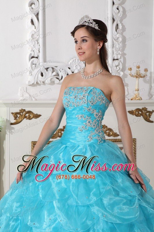 wholesale aqua blue and hot pink ball gown strapless floor-length organza appliques quinceanera dress