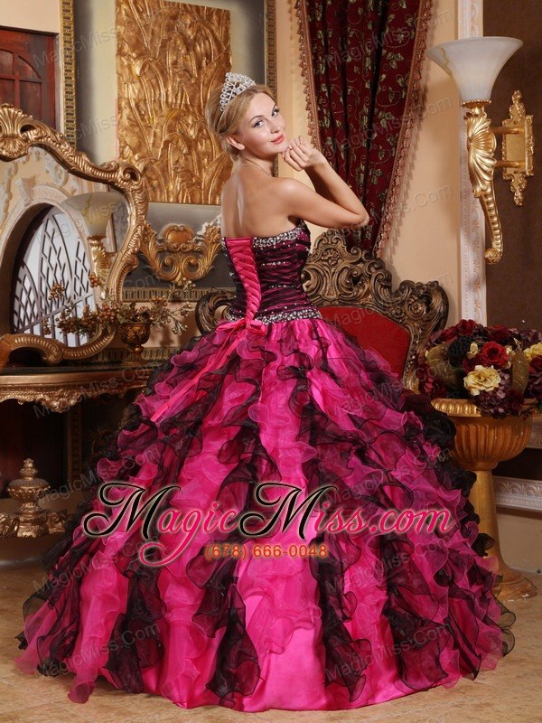 wholesale black and red ball gown sweetheart floor-length organza beading and ruffles quinceanera dress