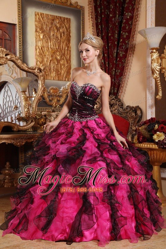 wholesale black and red ball gown sweetheart floor-length organza beading and ruffles quinceanera dress