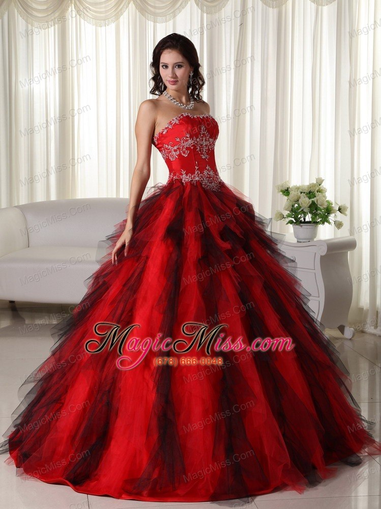 wholesale red ball gown strapless floor-length floor-length taffeta appliques quinceanera dress