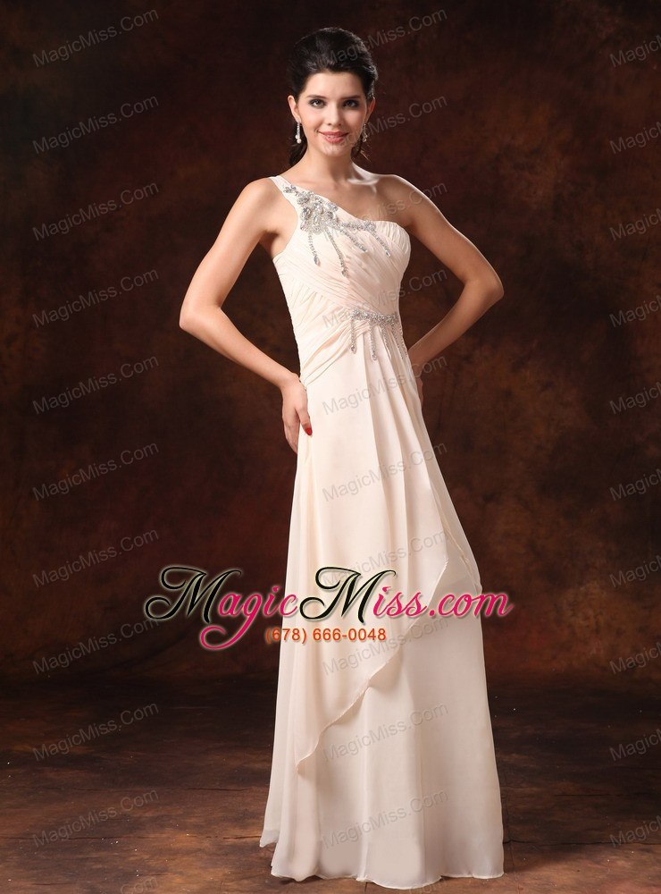 wholesale champagne stylish one shoulder empire chiffon prom gowns with beaded decorate shoulder
