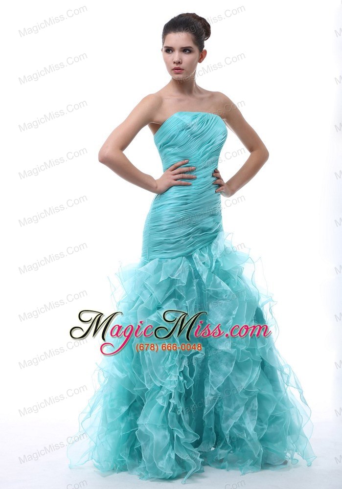 wholesale ruched and ruffles decorate bodice mermaid floor-length light blue organza 2013 prom / evening dress