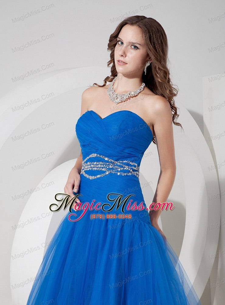 wholesale blue a-line sweetheart floor-length tulle beading and ruch prom / evening dress