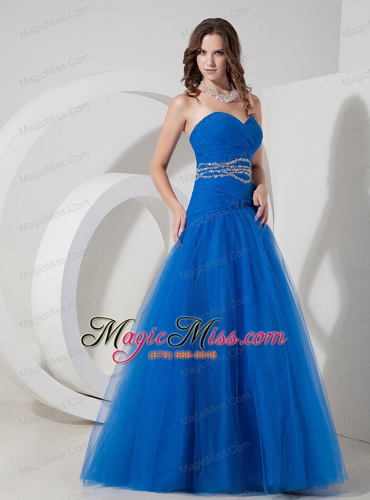 wholesale blue a-line sweetheart floor-length tulle beading and ruch prom / evening dress